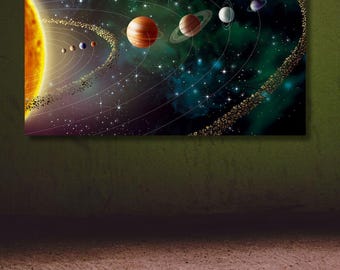 Sun and Planets Canvas Wall Art, Solar System Space Painting, Modern Astronomy Print, Galaxy Artwork, Cosmic Universe Home Decor