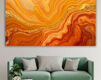 Lienzo moderno de ágata dorada y naranja, decoración de pared de mármol fluido de lujo, pintura abstracta de gran tamaño con textura de piedra, elegante regalo para el hogar en tonos cálidos.
