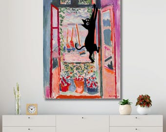 Matisse Open Window with Cat Canvas Wall Art, Fauvism Print, Vibrant Interior Decor, Colorful Window Scene Fine Art Poster Gift