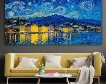 Geneva Starry Night Canvas Art, Vincent Van Gogh Style Switzerland Cityscape, Lake Geneva Wall Decor, Large Impasto Oil Painting Art Gift