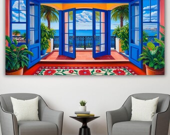 Lienzo de terraza azul estilo Henri Matisse, arte mural con balcón mediterráneo, vista panorámica de la costa, regalo de pintura vibrante de naturaleza moderna