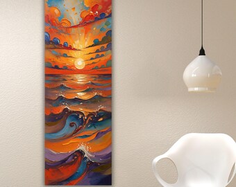 Lienzo impreso con diseño de puesta de sol oceánica alargada y estrecha, arte mural de olas coloridas, póster abstracto de paisaje marino, regalo de decoración costera para el hogar en tonos naranja y azul.