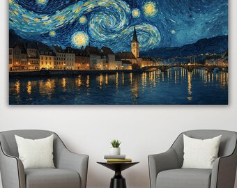 Lienzo de la Noche Estrellada de Zúrich, Paisaje urbano suizo estilo Van Gogh, Decoración mural del río Limmat, Pintura al óleo empastada de gran tamaño, Regalos de Zúrich