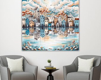 Cuadro abstracto de paisaje urbano sobre lienzo, decoración de pared con reflejo del horizonte, impresión de pintura de ciudad nocturna colorida, regalo panorámico grande para la sala de estar.