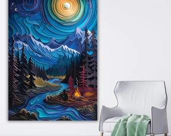 Lienzo de noche estrellada estilo Van Gogh, decoración de pared de campamento de montaña en papel 3D, pintura de naturaleza celestial, regalo de aventura único, decoración de habitación