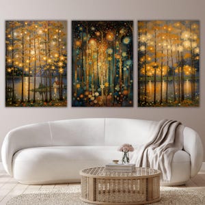 May include: A triptych of canvas art prints depicting a forest scene with glowing lights. The artwork features trees with golden leaves, a lake, and a small house. The color palette includes blues, greens, and warm golden hues.