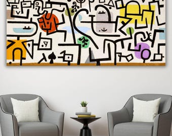 Paul Klee Rich Port Canvas Art, Abstract Hieroglyphic Wall Decor, Famous Masterpiece Painting Print, Large Colorful Modernist Home Decor
