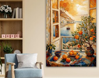 Lienzo con vista de ventana inspirado en Henri Matisse, decoración de pared costera mediterránea, pintura de naranjo vibrante, arte colorido para el hogar en la Riviera Francesa