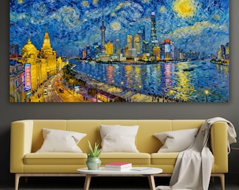 Shanghai Starry Night Canvas Art, Van Gogh Style China Skyline Decor, Modern Asia Cityscape Wall Art, Large Impasto Oil Painting Print Art