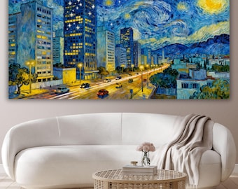 Lienzo de la noche estrellada de São Paulo, decoración del horizonte de Brasil estilo Van Gogh, arte mural de paisaje urbano moderno de Sudamérica, pintura al óleo de gran tamaño.