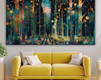 Obraz na płótnie z motywem lasu w stylu Klimta, sztuka ścienna z mrocznym zaczarowanym drewnem, plakat ze złotą kręgową nocną ścieżką, turkusowa, magiczna, naturalna dekoracja domu