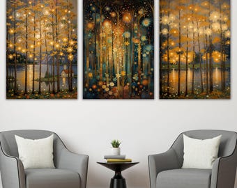 Klimt Style Forest 3 Piece Canvas Set, Golden Abstract Tree Triptych, Modern Art Nouveau Landscape, Large Luxury Wall Art, Nature Home Decor