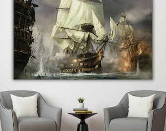 Arte en lienzo de una batalla naval épica, decoración de pared de piratas y veleros, pintura vintage de guerra marítima, arte oceánico de un gran galeón, regalo para aficionados a la historia.