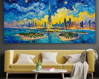 Lienzo de la noche estrellada de Dubái, horizonte del Burj Khalifa estilo Van Gogh, decoración de pared con paisaje urbano moderno de los Emiratos Árabes Unidos, gran pintura al óleo empastada, regalo artístico