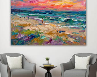 Impresjonistyczny wydruk na płótnie z zachodem słońca na plaży, kolorowa sztuka ścienna z falami oceanu, plakat z krajobrazem ludzi na brzegu, tętniący życiem wystrój domu w stylu nadmorskim
