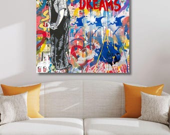 Banksy Dream Big Dreams Leinwand Wandkunst, Street Art Graffiti Malerei, Motivations Pop Art Druck, Urban Modernes Kunstwerk