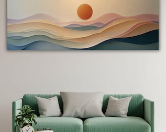 Lienzo minimalista con diseño de sol, decoración de pared con montañas recortadas en papel, lámina de pintura abstracta de paisaje bohemio, regalo panorámico grande para inauguración de casa.