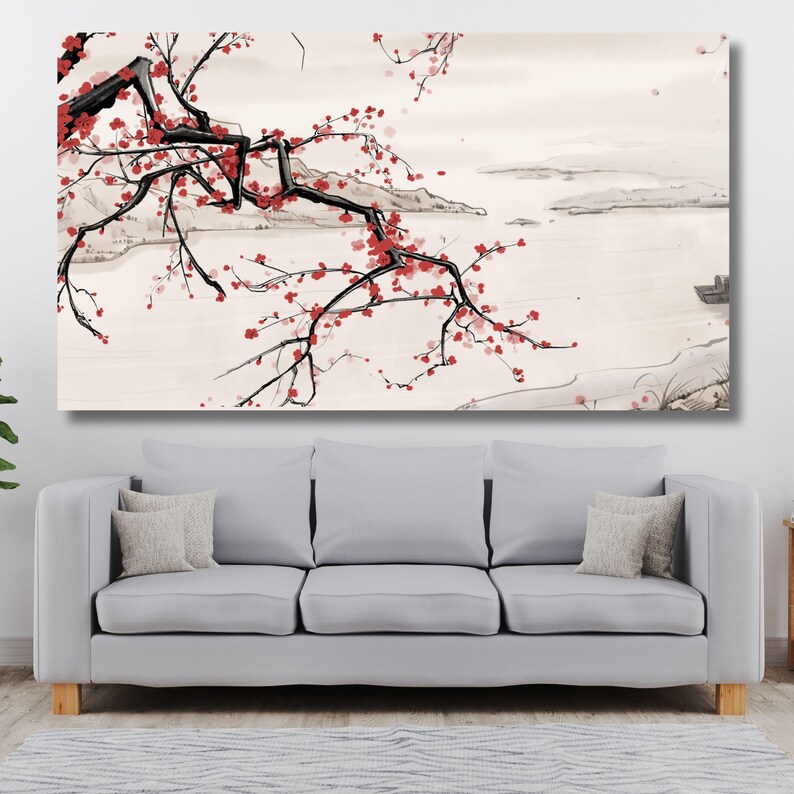 Sakura Tree Branch Canvas Wall Art, Japanese Cherry Blossom Painting ...