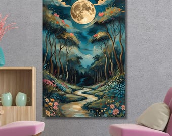 Moonlight Forest Canvas Wall Art, Mystical Night Landscape Painting, Nature Wall Decor, Dreamy Woodland Print for Home