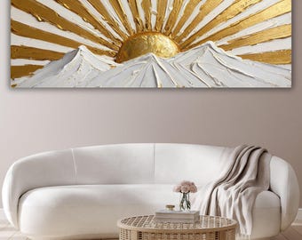 Złoty wschód słońca, wydruk na płótnie, teksturalny obraz na ścianę z promieniami słońca, plakat z krajobrazem z białego złota, luksusowy, nowoczesny prezent do domu