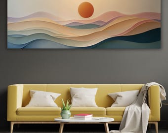 Minimalist Sun Canvas Art, Papercut Mountain Wall Decor, Boho Abstract Landscape Painting Print, Large Panoramic Housewarming Gift