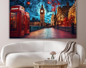 Plakat na płótnie z nocnym niebem w Londynie, sztuka ścienna z Big Benem w stylu Van Gogha, plakat z rozgwieżdżonym miastem, niebiesko-czerwony prezent do domu w Wielkiej Brytanii