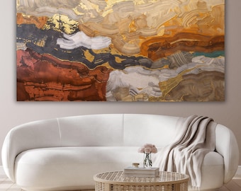 Lienzo abstracto moderno y lujoso en tonos tierra, decoración de pared con textura de cobre y oro, pintura orgánica de gran tamaño en capas, regalo artístico cálido para el hogar y la oficina.