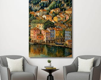 Gustav Klimt Malcesine op canvas aan het Gardameer, Italiaans landschapskunst aan de muur, art nouveau-stadsgezicht print, vintage decor Gardameer, beeldende kunst