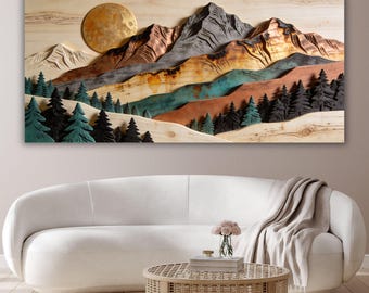Cuadro decorativo de montaña con efecto madera 3D, impresión en lienzo, gran paisaje panorámico en capas, escena de bosque de madera en cobre y verde azulado, arte para sala de estar