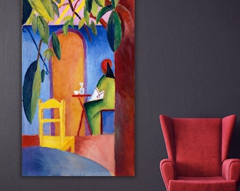 August Macke Turkish Cafe Canvas Art, Expressionist Oriental Wall Decor, Colorful Mediterranean Landscape Print, Large Narrow Vertical Art