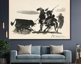 Pablo Picasso Canvas Wall Art – Toros y Toreros Bullfighting Painting Print for Home, Living Room, Bedroom, or Office Modern Wall Decor