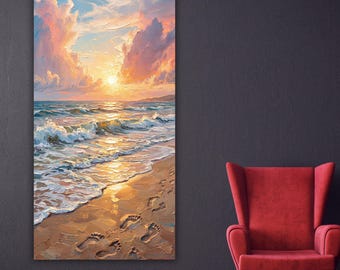Lienzo vertical con puesta de sol en la playa, arte mural texturizado con olas oceánicas, pintura marina moderna y colorida, decoración costera grande, regalo artístico único