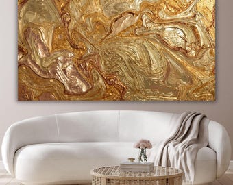 Luxury Gold Fluid Abstract Canvas Art, Metallic Oil Textured Wall Decor, Large Modern Gold Leaf Painting, Elegant Office Living Room Art