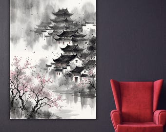 Arte mural japonés Sakura, impresión en lienzo de pagoda con aguada, póster vintage de paisaje zen, regalo moderno de gran formato para inauguración de casa o sala de estar.