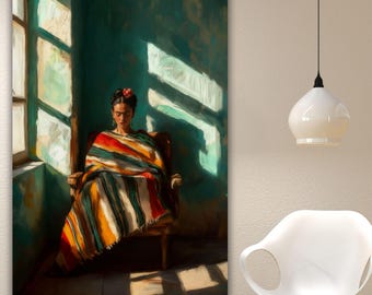 Retrato en lienzo estilo Frida Kahlo, decoración de pared de artista mexicana, pintura al óleo de mujer a la luz del sol, regalo latino colorido para el hogar, arte grande