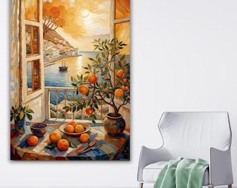Henri Matisse Inspired Window View Canvas, Mediterranean Coastal Wall Decor, Vibrant Orange Tree Painting, Colorful French Riviera Home Art