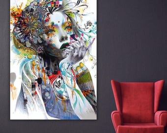 Modern Graffiti Woman Canvas Art, Banksy Style Street Portrait Decor, Vibrant Colorful Pop Art Painting, Unique Urban Wall Art, Woman Gift