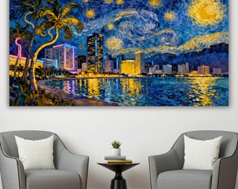 Arte en lienzo de la noche estrellada de Miami, decoración de horizonte estilo Van Gogh, arte mural de paisaje urbano oceánico tropical, pintura al óleo de gran tamaño, regalo de Miami