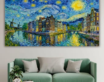 Lienzo de la noche estrellada de Ámsterdam, paisaje urbano estilo Vincent Van Gogh, decoración de pared de una casa en un canal de los Países Bajos, impresión de pintura al óleo empastada de gran tamaño