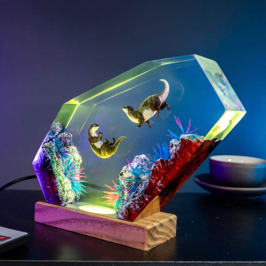 ヒラメ 置物 約40cm リアル魚 オブジェ 海鮮 インテリア ディスプレイ Handmade Otter Couple Resin Lamp – Ocean Diorama, RGB LED Night