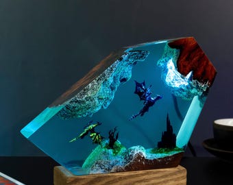 Lámpara de noche de resina con forma de dragón hecha a mano: decoración con escena de castillo de fantasía