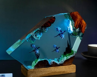 Lámpara de noche de resina con forma de dragón hecha a mano: escena de castillo de fantasía, lámpara de escritorio LED RGB