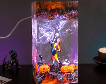 Jack and Sally Resin Lamp, Spooky Halloween Decor Night Light