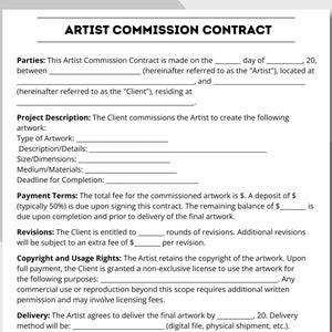 May include: A printed artist commission contract on white paper. The document includes sections for parties involved, project description, payment terms, revisions, copyright, usage rights, and delivery details. The title "ARTIST COMMISSION CONTRACT" is at the top.