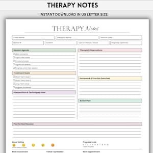 Könnte beinhalten: Ein weißes Therapie-Notizformular im US-Letter-Format mit schwarzem Text und pastellfarbenen Kopfzeilen. Die Abschnitte umfassen Klienteninformationen, Sitzungsagenda, Behandlungsziele, Beobachtungen, Hausaufgaben, Aktionsplan und Risikobewertung.
