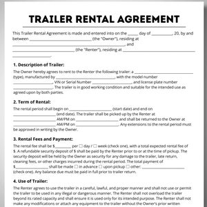 May include: A white document titled "TRAILER RENTAL AGREEMENT" with fillable fields for owner, renter, trailer description, rental terms, fees, and usage. The document is printed on white paper.