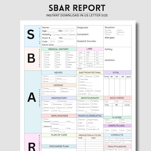 May include: SBAR report template, instant download in US letter size. The document includes sections for patient information, medical history, labs, and vital signs. It also has areas for neurological, gastrointestinal, and respiratory assessments.