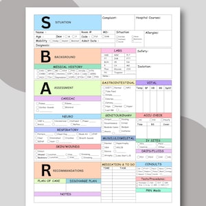 May include: A medical assessment form with sections for patient information, medical history, and physical assessment. The form includes checkboxes for various conditions and observations, with color-coded sections for easy navigation. The form is designed for healthcare professionals.