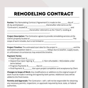Könnte beinhalten: Eine schwarz-weiße Vorlage für einen Renovierungsvertrag mit dem Titel „REMODELING CONTRACT“. Das Dokument enthält Abschnitte für Parteien, Projektbeschreibung, Zeitplan und Zahlungsbedingungen.
