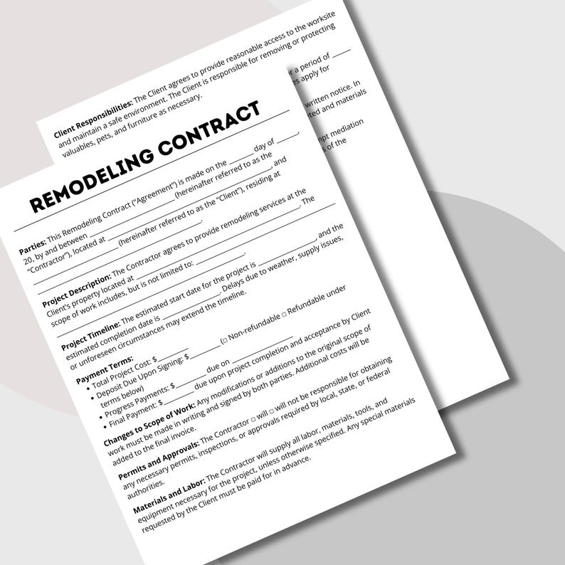 Remodeling Contract, Contract Template, Agreement Template, Contractor ...